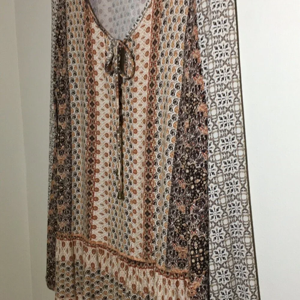 Rose Olive M Peasant Top Boho Ruffled Hem Ivory Rust Brown Stretch Knit Bust36.5 - Picture 2 of 13